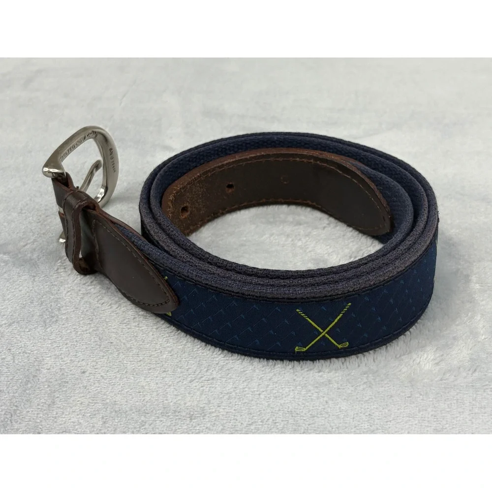 Belted Cow Co Mens Golf Belt Cross Clubs Navy Blue Leather Canvas Size 40 Preppy